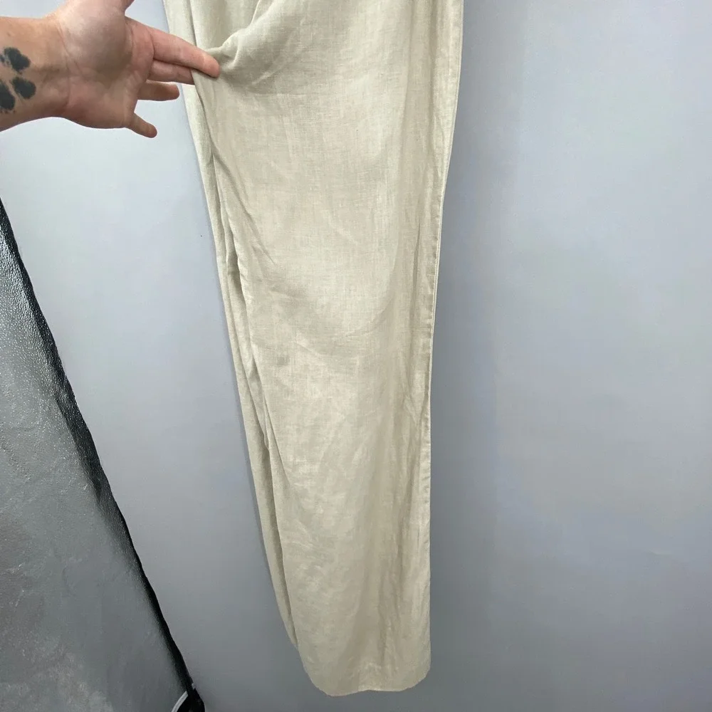 Zara Woman 100% Linen Wide Leg Trousers Pants Tan Beige Size 8 Minimalist Boho
